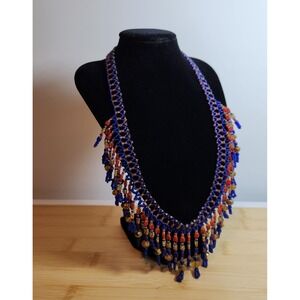 Handmade Artisan SEED BEAD ‎ Necklace Blue Red and Gold
